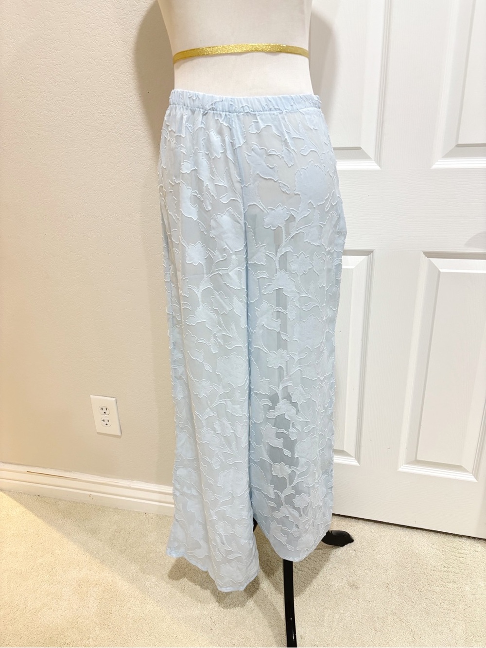 Dippin Daisy’s Women's Light Baby Blue Sheer Floral Wide-Leg Pants Small - Picture 2 of 7